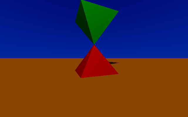 Raytrace rendering of a red and an green pyramid on a brown ground with a blue sky.