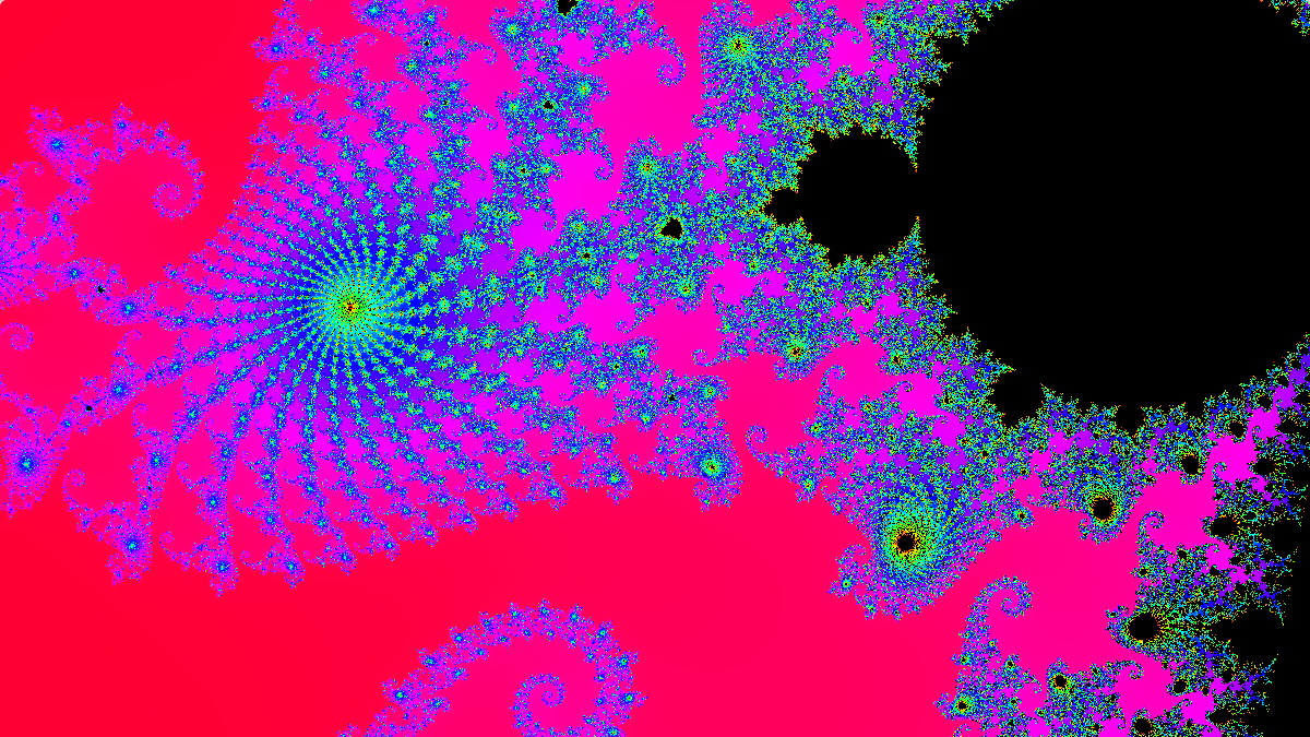 Snapshot of the red/rainbow/black Mandelbrot set near the end of the animation.