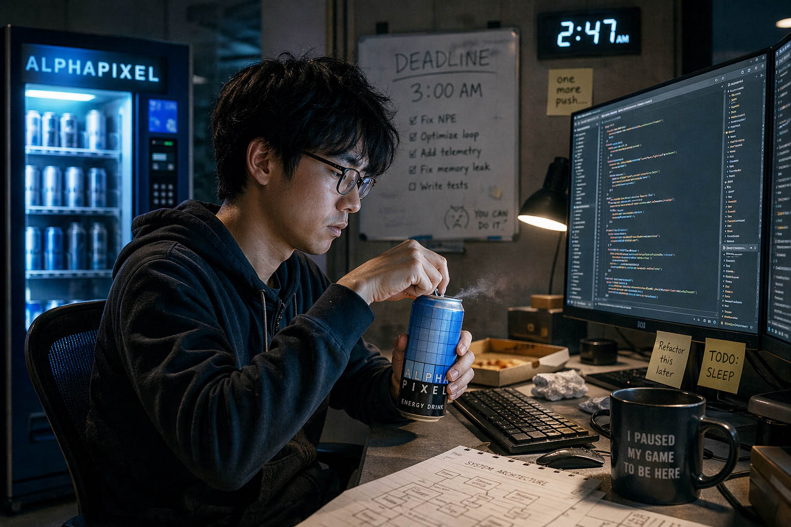 Of course this is an AI-generated image. Late at night a tired programmer opens a can of AlphaPixel Energy Drink
