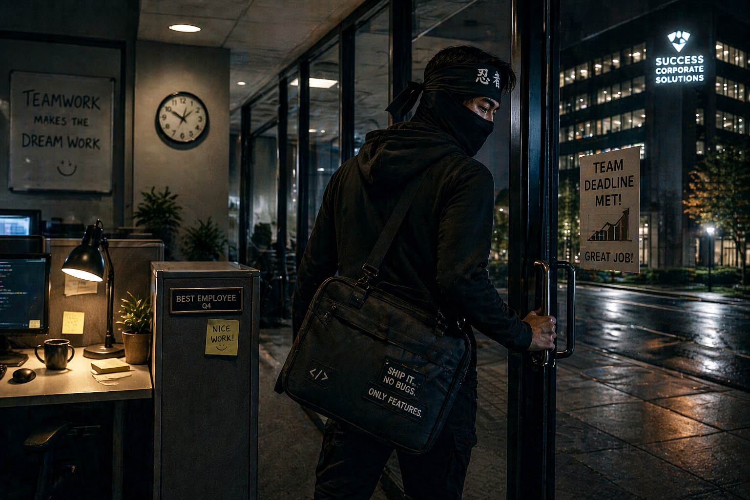 Of course this is an AI-generated image. A successful anonymous Code Ninja silently exists a corporate office at night.