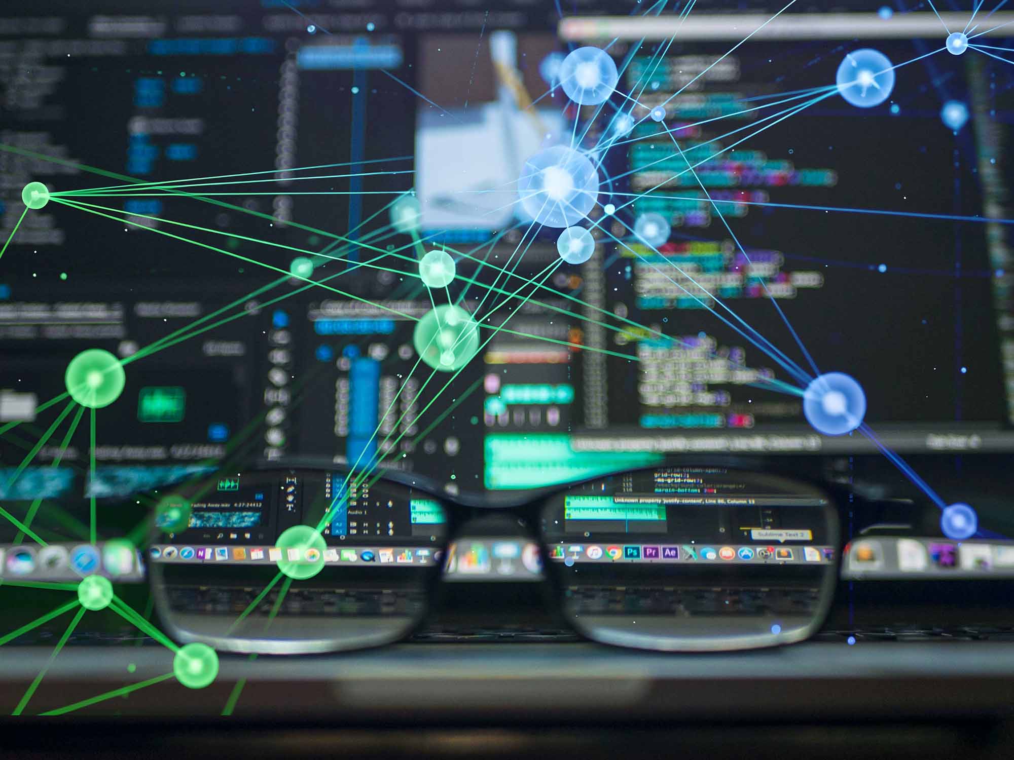 Some futuristic AI/code mishmash of a computer screen and AI node/graph network graphics. And a pair of eyeglasses.