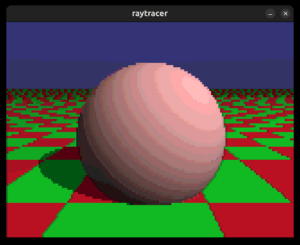 screenshot of raytraced red ball on checkerboard