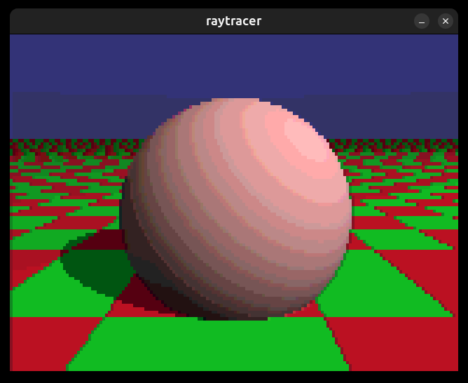 screenshot of raytraced red ball on checkerboard